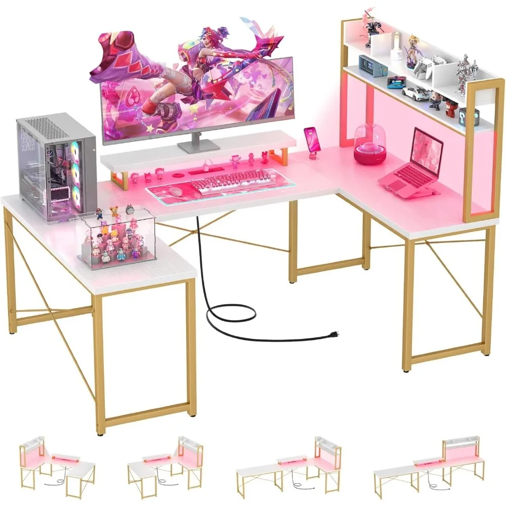 L Shaped Gaming Desk, 74 Inch Reversible U Shaped Computer Desk with Storage Shelves, Monitor Stand for Home Office,Living Room,