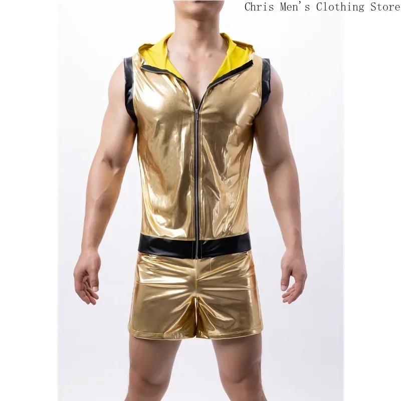 Bar Club Party Performance Outfit Super Cool Gold Sexy Slim Men's Shorts Set Gold Shiny Men's Hooded Vest Set Mens Clothes Suit