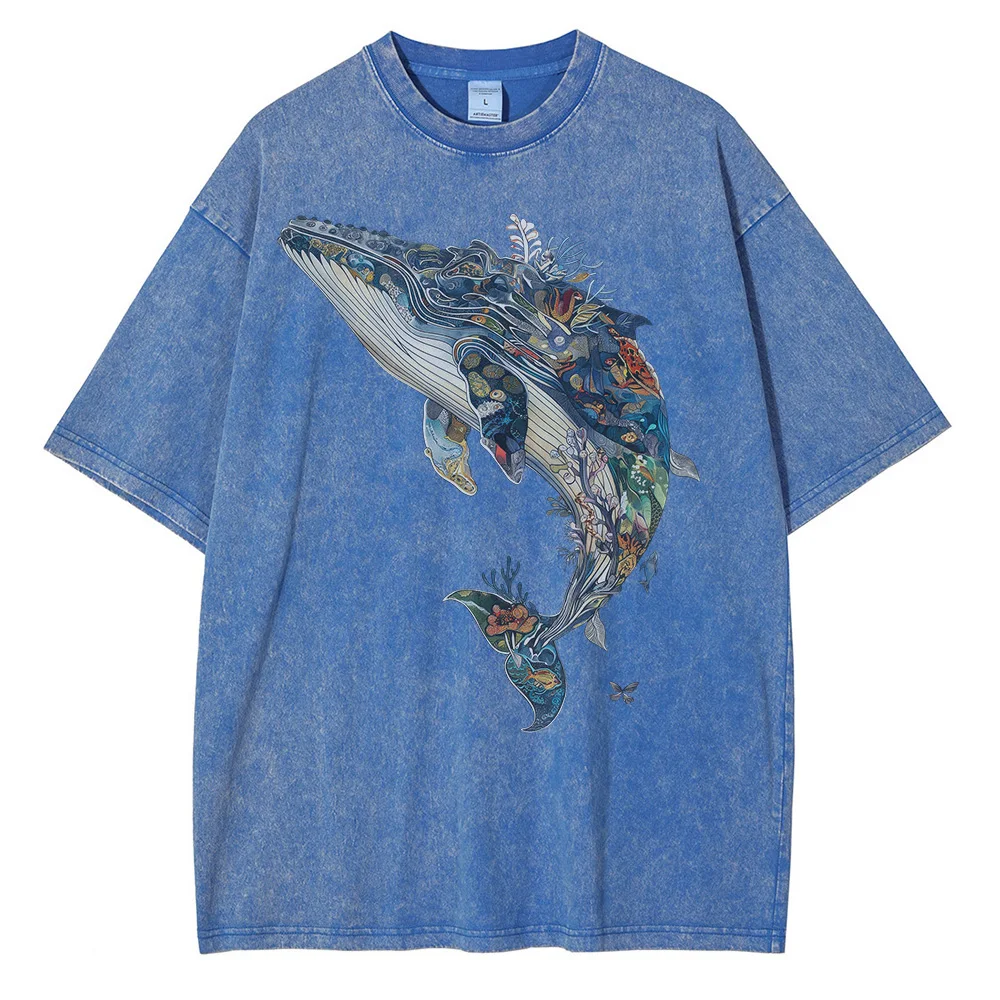 Whale Print Graphic T-shirts for Men Casual High Street Printed Oversized T Shirt Distressed Washed Cotton Men's Tops