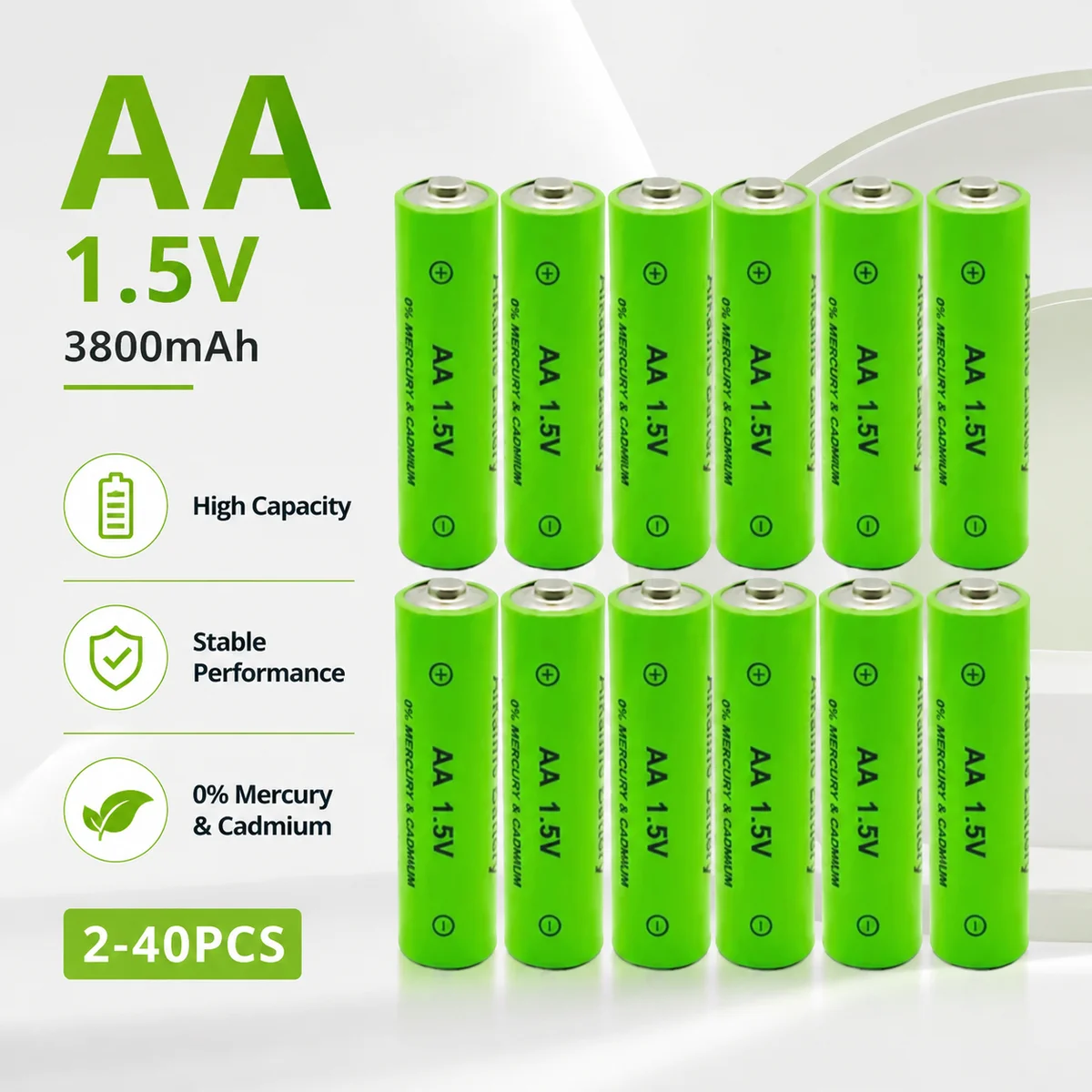 AA Rechargeable Alkaline Battery 1.5V 3800mAh 2-40PCS Long Lasting Cells for Flashlight Toys Watch Ni-MH Replacement Pack