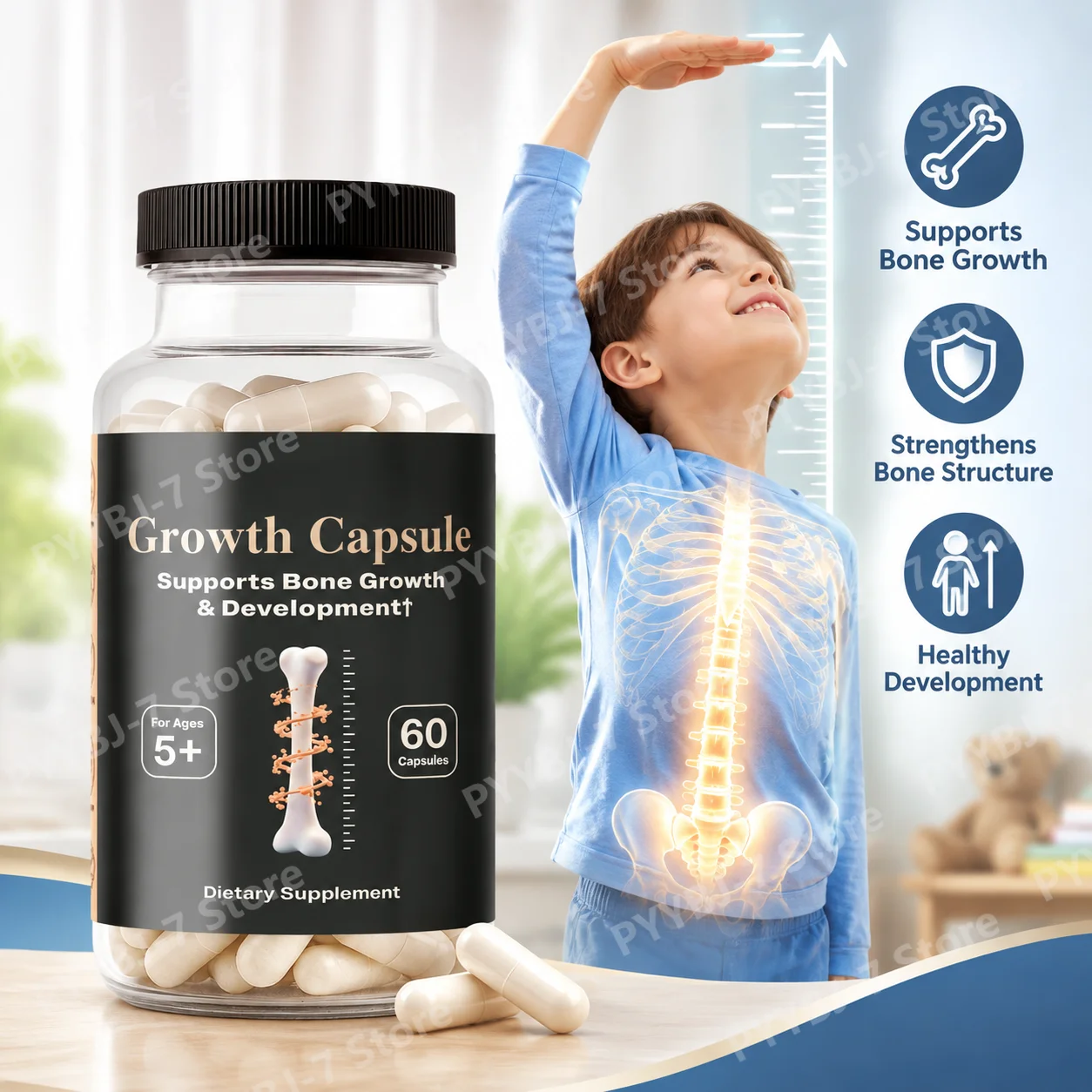 Growth Capsules Fuel Bone Development, Fortify Bone Structure Calcium Vitamin D3 K2 Ashwagandha Formula Ages 5+, 60 Capsules