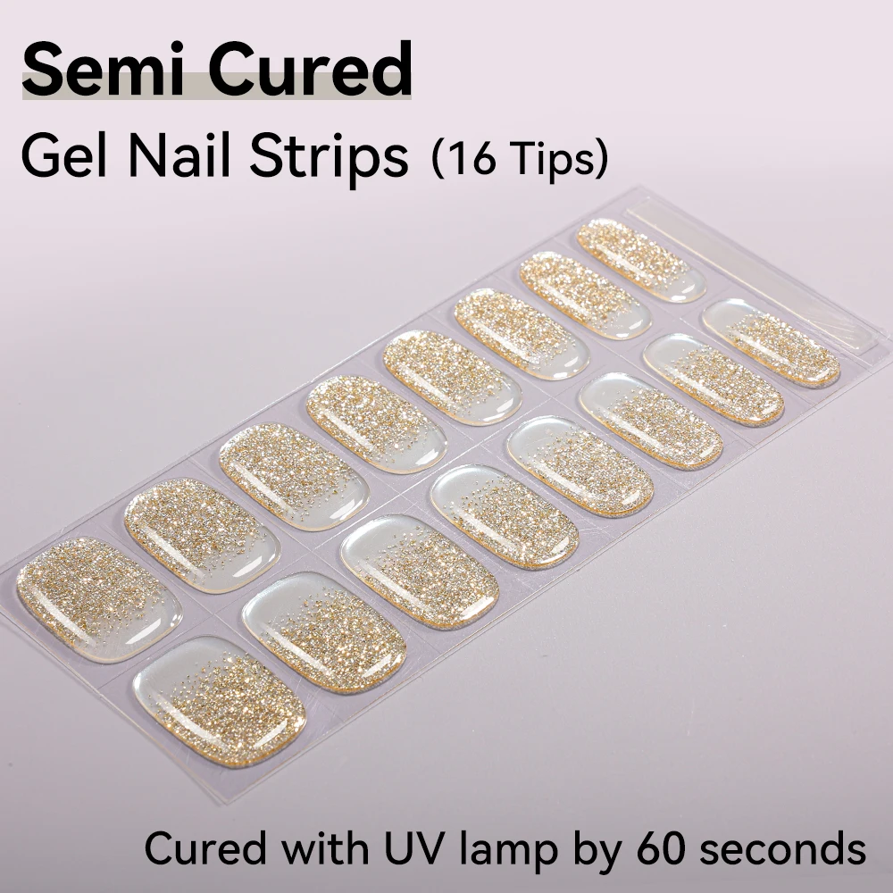 

16Tips Semi-Cured Glitter Nail Stickers Pure Color Full Cover Wrap Nail Polish Stickers UV LED Lamp Self-Adhesive Gel Nail Strip