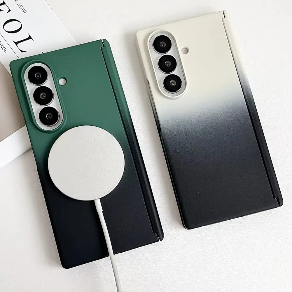

Skin-feel Two-tone Gradient Phone Case For Samsung Galaxy Z Fold 7 fold7 Camera protect Wireless Charging Magnetic Ring Cover