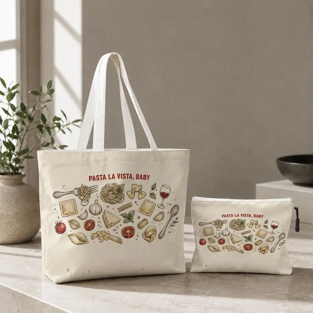Sketch Assorted Pasta Storage Bags 2-Pcs Canvas Tote Bag with Zipper Reusable Tote Bags for Shopping Travel Work Gifts