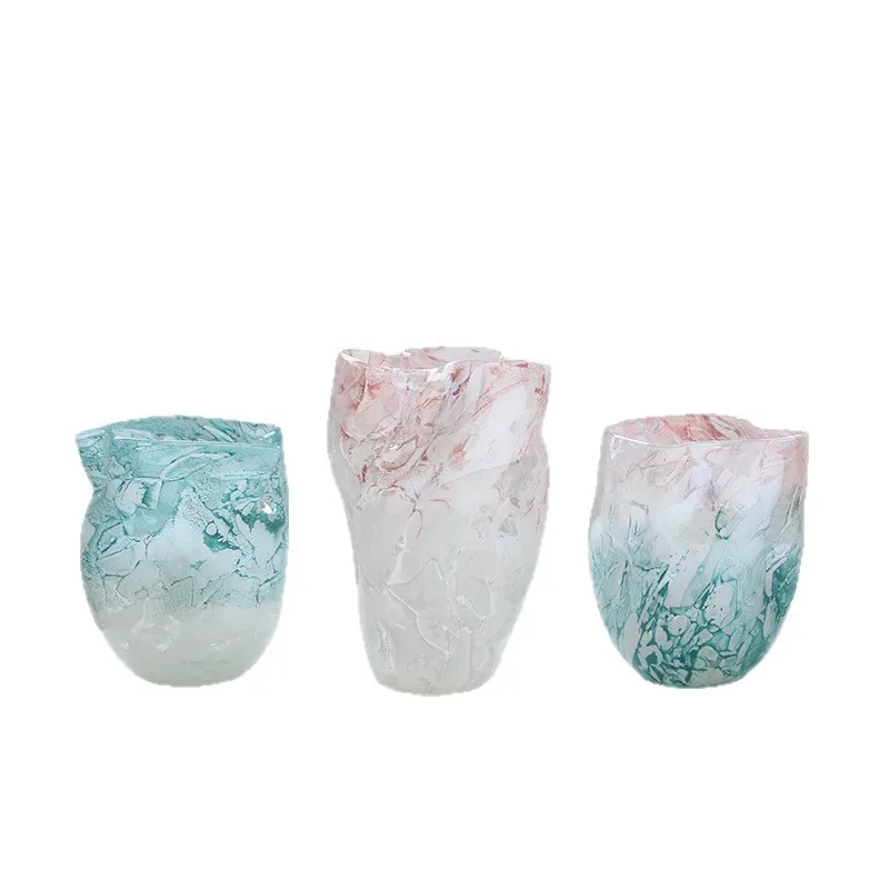 

Simple cabbage glass vase, handmade pleated vase, cherry blossom pink large mouth vase.