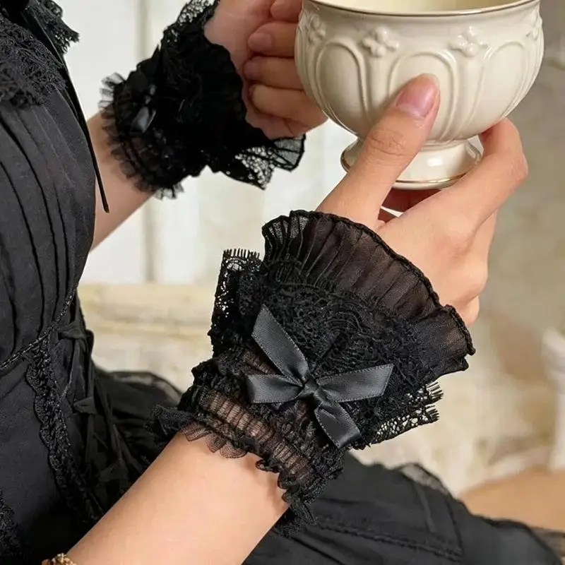 1 Pair Gothic Lolita Bowknot Wrist Cuffs Detachable Lace Mesh Fake Sleeves for Wedding Bridal Lolita Outfit