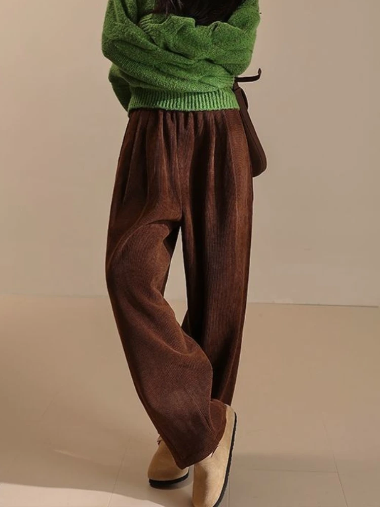 Herbst und Winter Cord Hosen Samt Verdickte Gerade Breite Bein Hosen Frauen Casual Elastizität Hohe Taille Neun Viertel Hosen