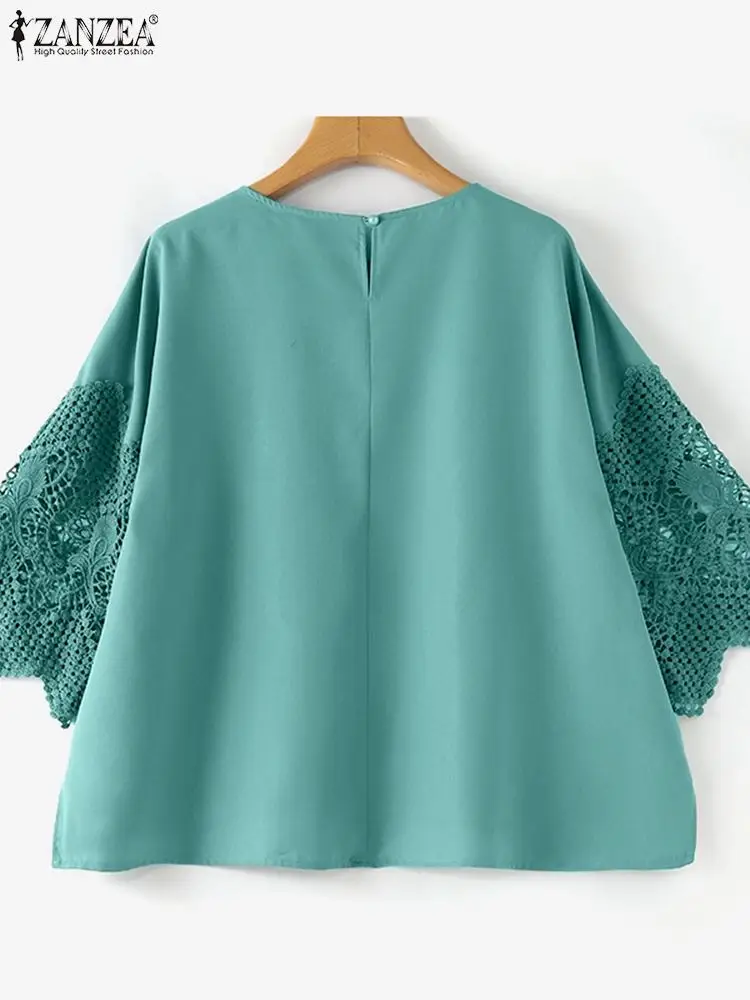 ZANZEA-Blusa de costura de renda feminina, tops com gola O, túnicas 3/4, camisa casual solta, chique, monocromática, moda natalícia, verão, 2024