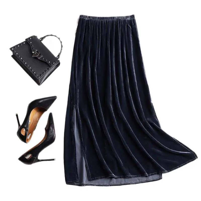 

Fashion Chic Women Skirts 2024 Spring Elastic Waist Velour A-Line Long Skirts Autumn Velvet Split Skirts Office Elegant Skirts