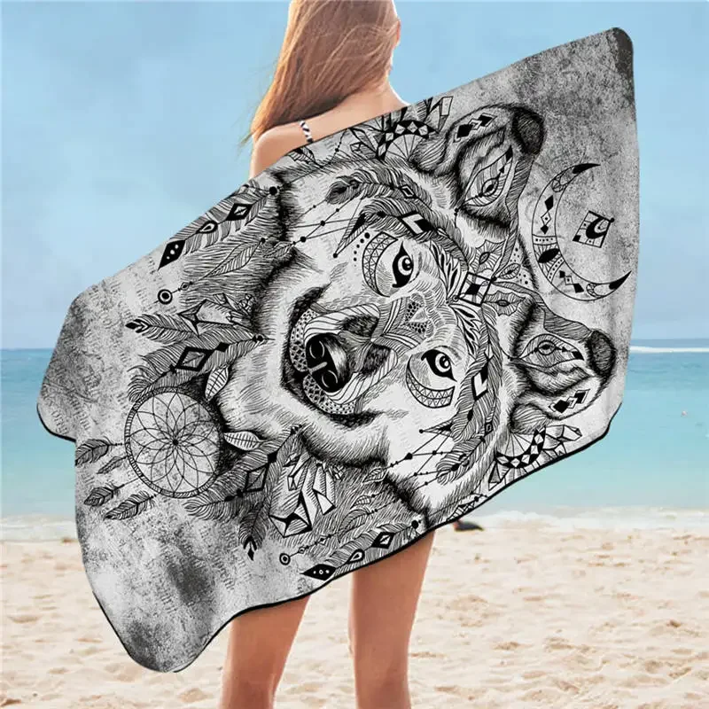 

Wolf Bath Towel Bathroom Microfiber Large Beach Towels Native Tribal Animal Watercolor Shower Towel Quick Dry Beach Towel