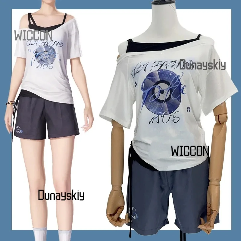 

Love and Deepspace Casual Cosplay Set Cotton Blend Fake TwoPiece Top Printed Elastic Shorts Summer Anime & Halloween Outfit