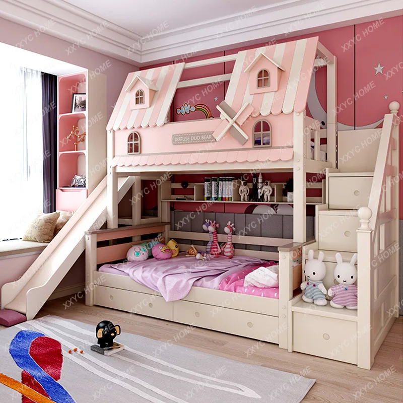 Children's Bed Two-Layer Upper and Lower Bunk Girl Princess Pink Castle Storage Solid Wood Double Layer Height Bunk Bed