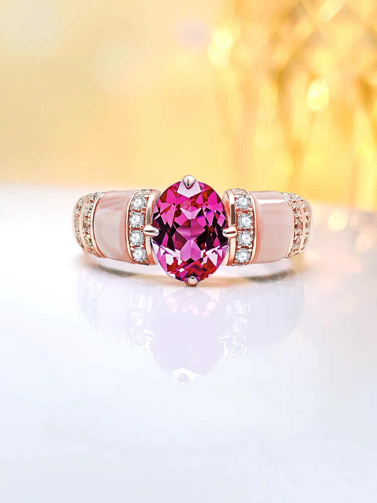 925 sterling silver rupee tourmaline ring set with high carbon diamond temperament, niche design, versatile rose red color