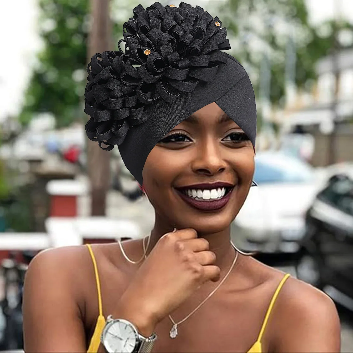 

Women Flower Diamonds Bonnet Turban Chemo Cap Muslim Hijab African Headties Wedding Party Headwear Beanies Headband Head Wraps