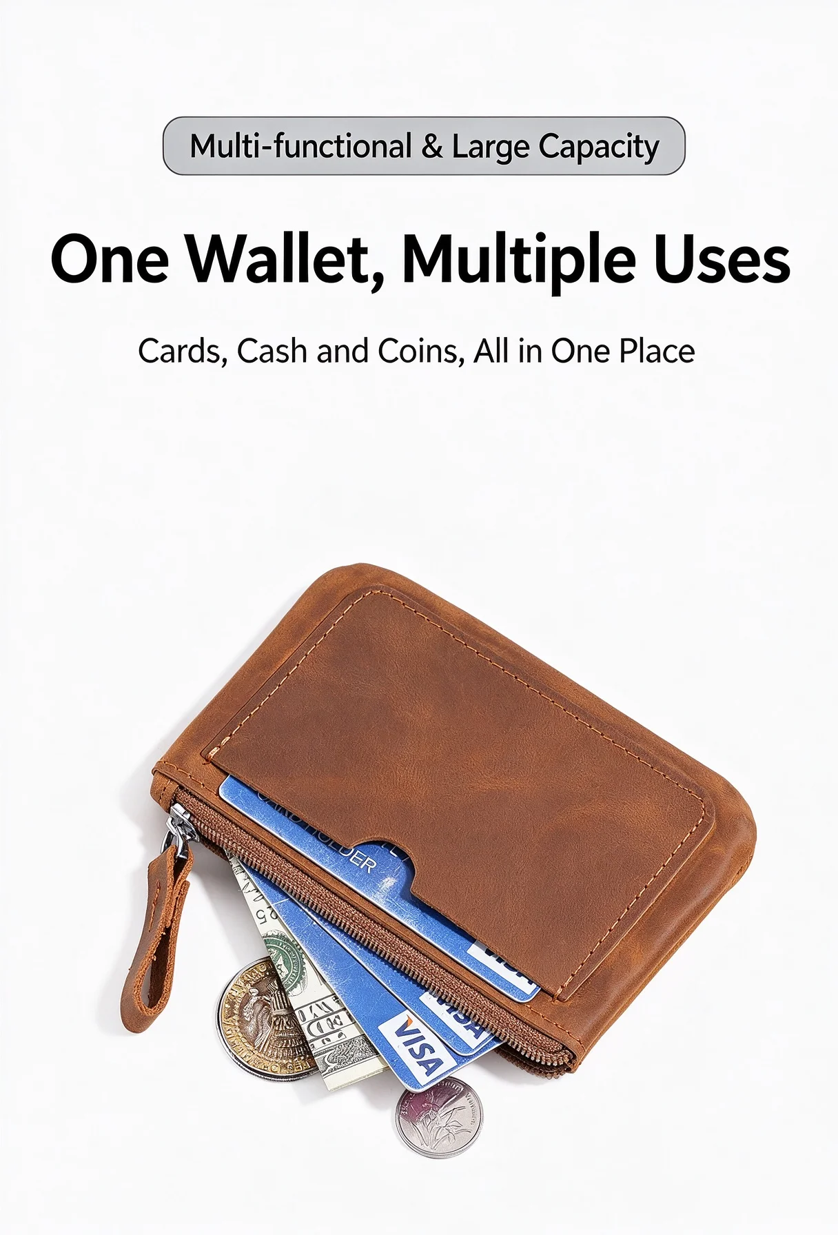 Mini Leather Wallet Men Zipper Coin Purse Card Holder Small Money Bag Crazy Horse Leather Slim Wallet for Cash Cards Keys