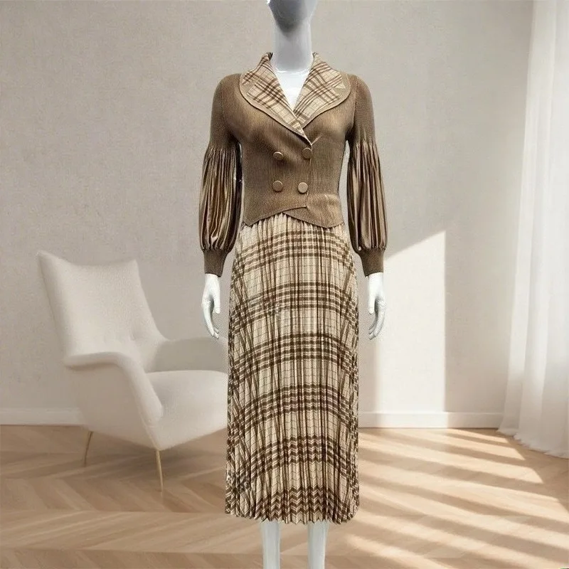 

Miyake плиссированное платье женское новое элегантное однотонное плиссированное платье с лацканами и длинными рукавами большого размера эластичная длинная одежда для торжественных случаев