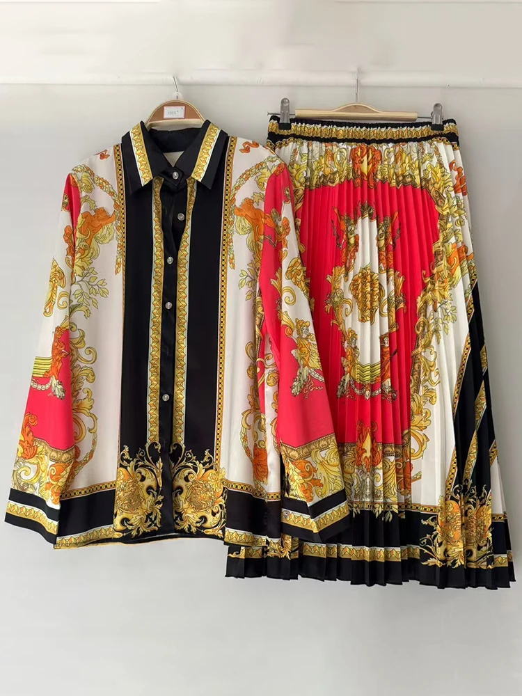 

2025 autumn women's retro geometric print lapel shirt two-piece set+elastic waist loose pleated skirt fashion set