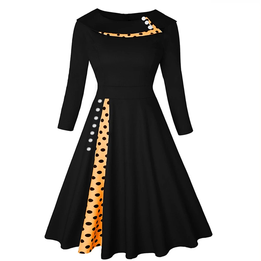 Women Vintage Dress Summer Rockabilly Polka Dot Print Sexy Patchwork Long Sleeve High Waist Ladies Midi Skirt Casual Party  Robe