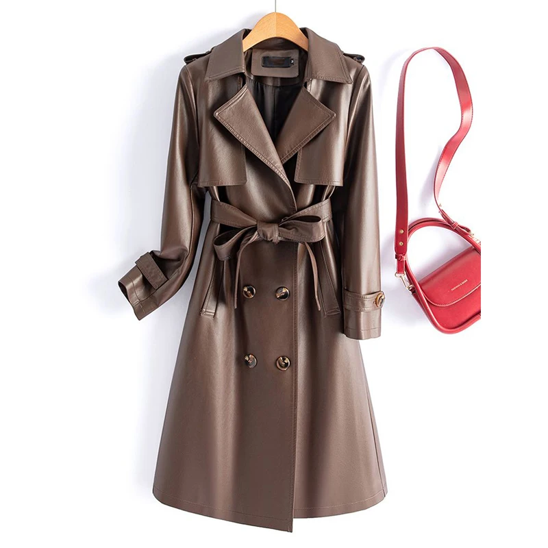 M-5XL Sheepskin Trench Coat for Women 2024 Autumn New Mid-length Double Breasted Belt Chic Ladies Split Leather Slim Outwear