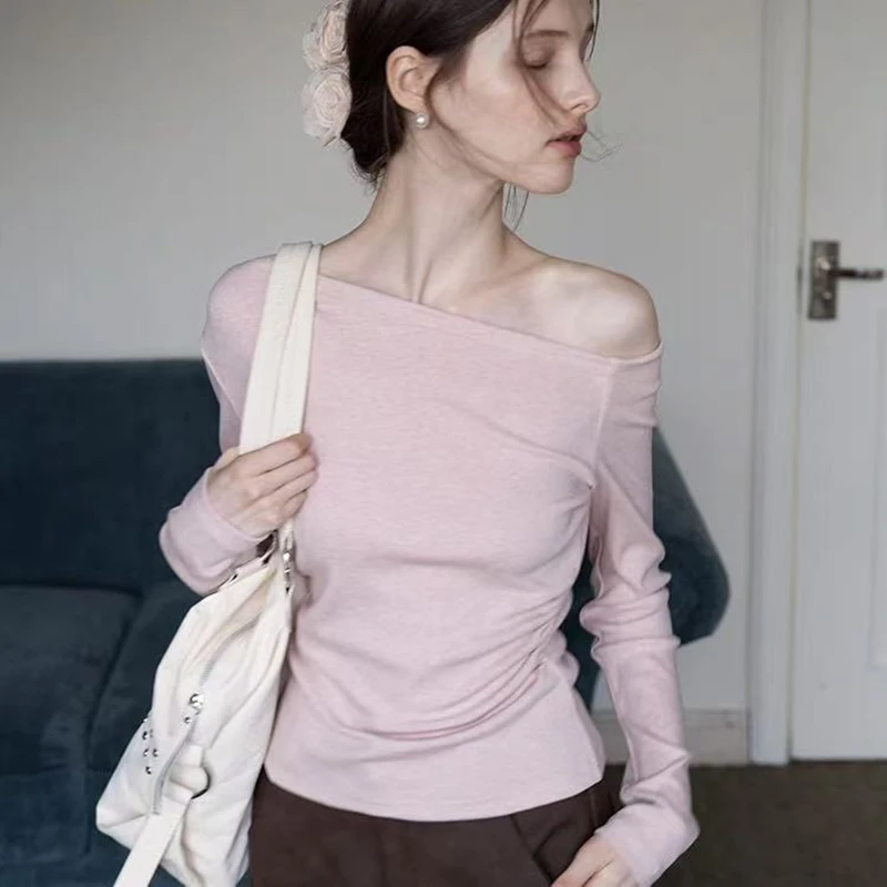 Streetwear Cropped Pink Sweater Women Fashion Sexy Skew Collar Knitted Pullovers Korean Long Sleeve Knitwears Elegant Jumpers