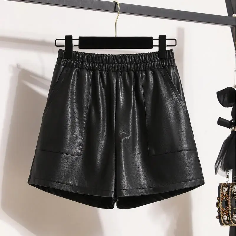 High-waisted Fashion Slimming Straight-leg Shorts Women's Draped Autumn/winter Shorts Pu Leather Wide-leg Shorts New Model M61