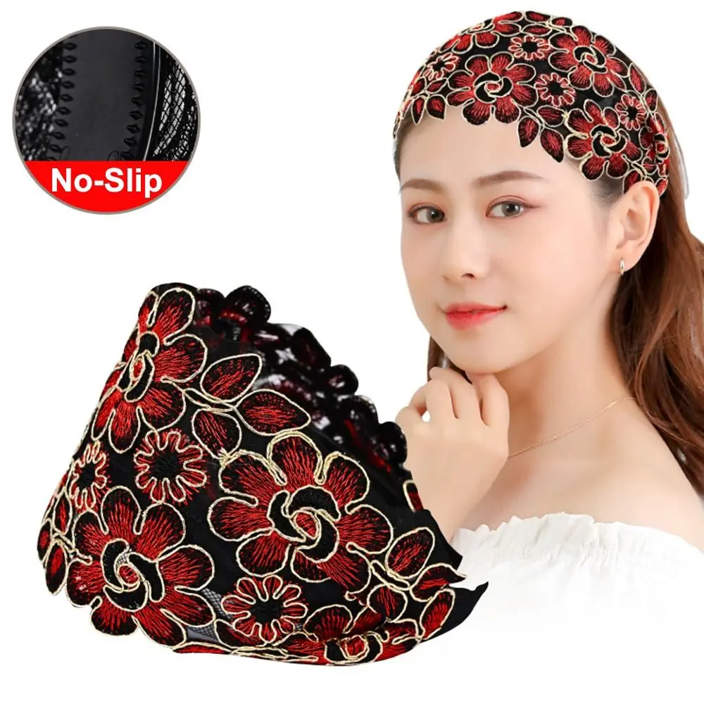 Niedliches breites Spitzen-Mesh-Haarband mit Blumen, elastisches Damen-Haarband, rutschfest, mit Hohlmuster, hohle Kopfbedeckung für Mädchen – Detail 7