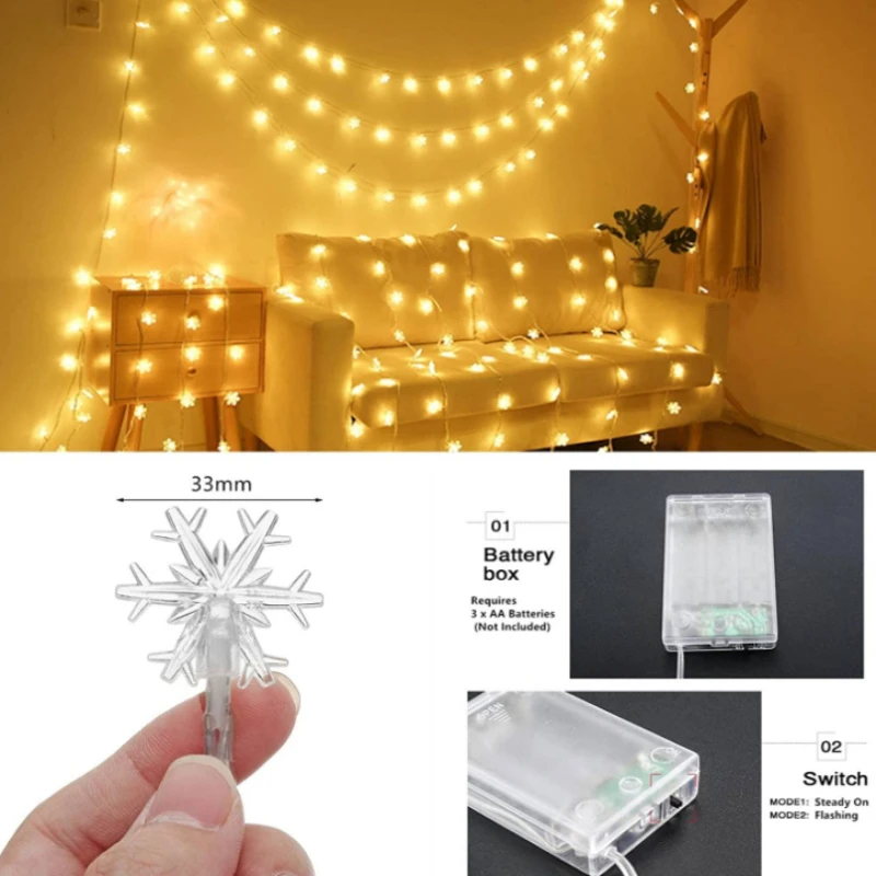 Cadena de luces LED de copos de nieve, adornos navideños para el hogar, árbol de Navidad, decoración colgante, regalos de Año Nuevo, 3M, 20LED, 2023