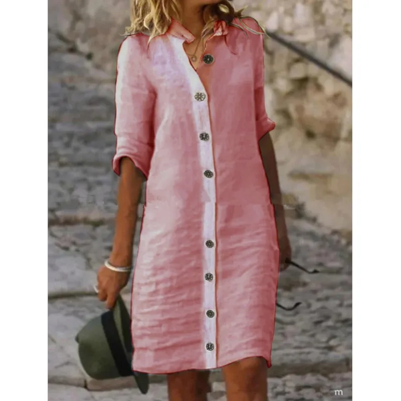 Women's Solid Cotton Linen Mini Shirt Dress Summer New Fashion Single Breasted White Dress Ladies Casual Holiday Vestidos Dress