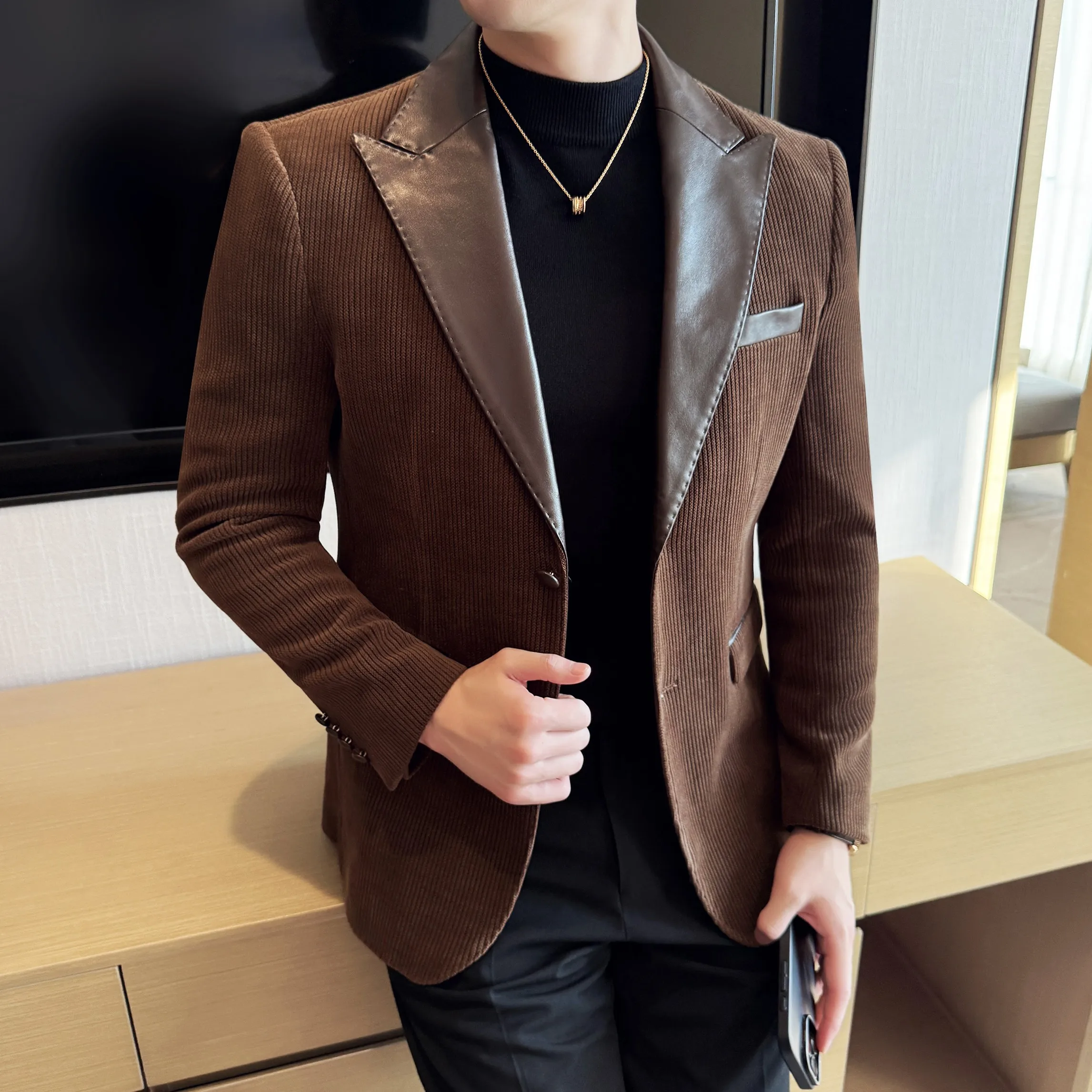 

Autumn Winter Chenille PU Leather Patchwork Suit Jacket Men Casual Business Suit Jackets Slim Fit Wedding Banquet Party Blazers