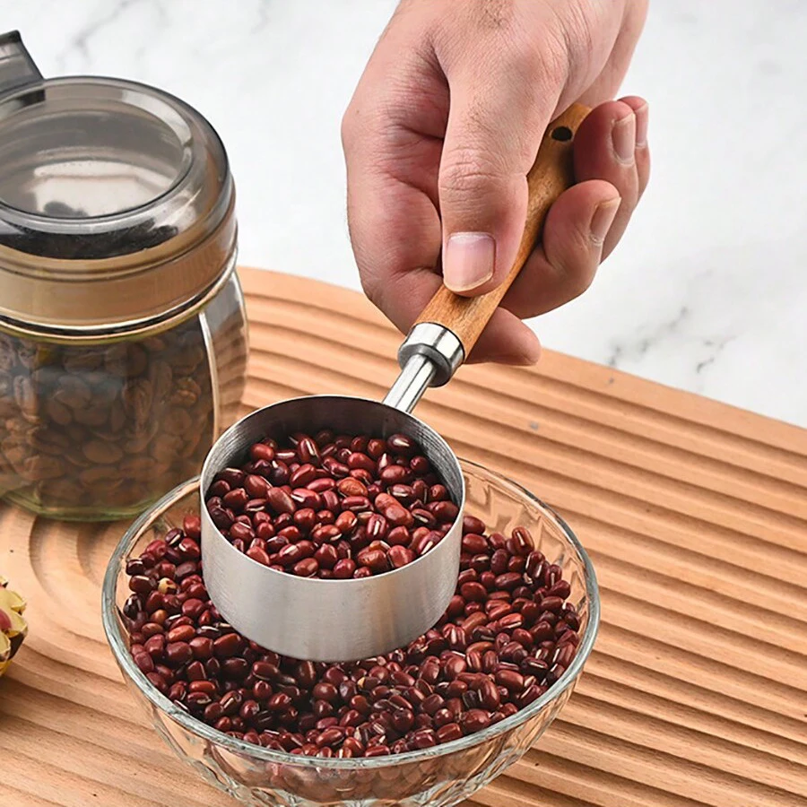 Wooden handle stainless steel measuring cup measuring spoon coffee measuring spoon seasoning graduated measuring cup baking tool