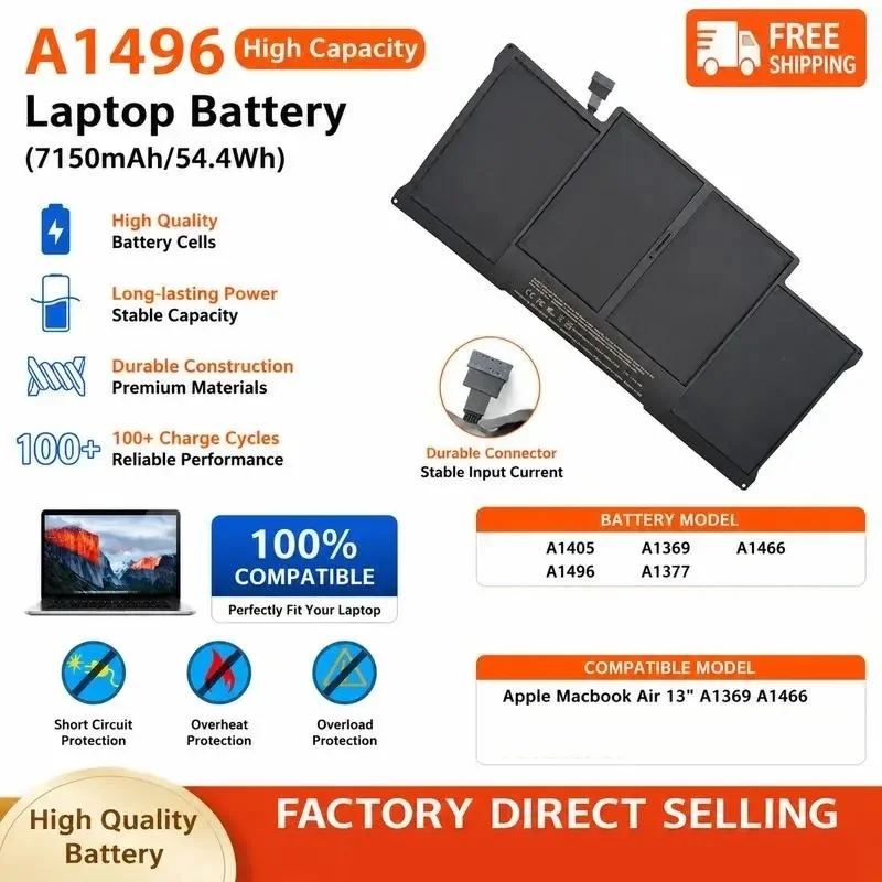 [NEW] 7.6V 54.4Wh A1496 for A1369 A1466 A1405 High-quality Battery for Apple for MacBook Air 13 inch Laptop Battery