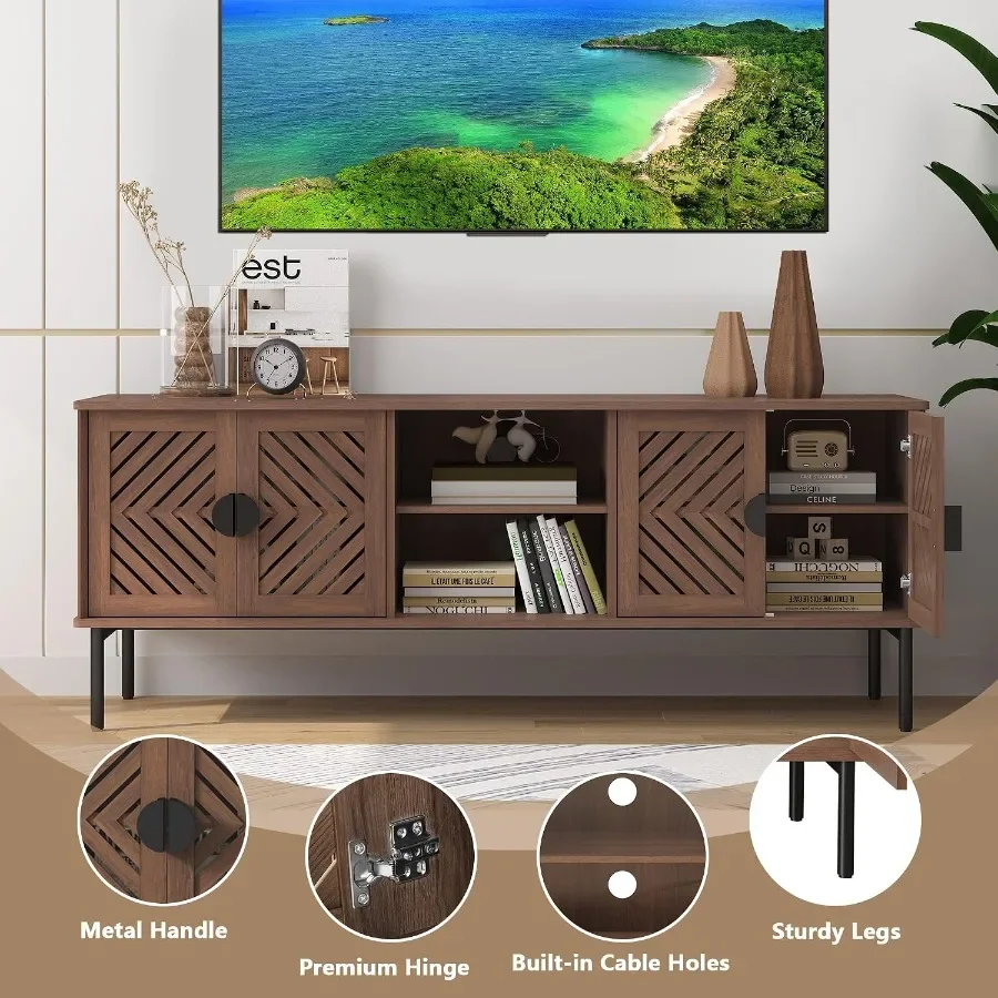 63 TV Stand for Living Room, Engineered Wood Entertainment Center with Storage Shelves, Brown Finish, Modern Style and Sturdy C view 4
