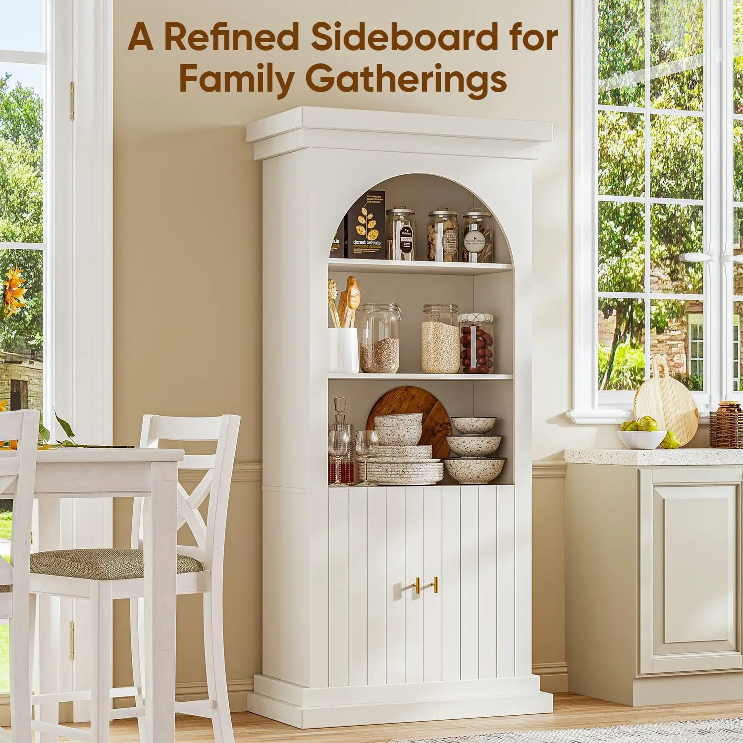 Arched Kitchen Pantry Cabinet Tall Display Glass Door Open Shelf Drawers White Gold 2 Set, Customized
