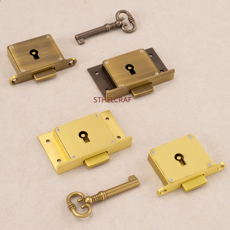 Vintage Brass Hidden Drawer Lock Jewelry Box Anti-theft Locks with Key Furniture Hardware Lock Wooden Cabinet Desk DIY Lockset