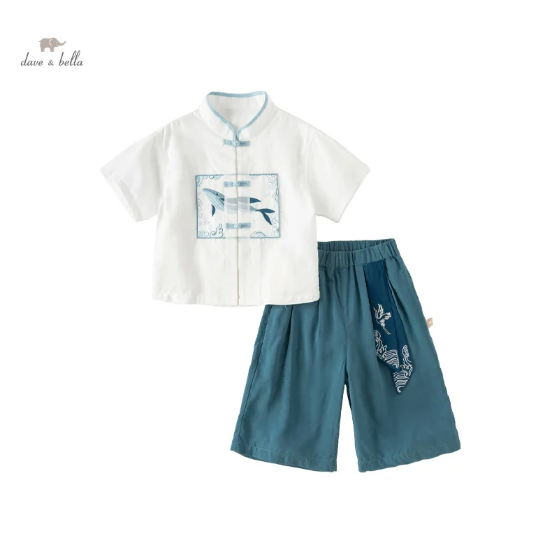 Dave Bella Boy's Suit 2024 New Summer Children's Short-Sleeved Clothes Cropped Wide Leg Pants Baby Two-Piece Set DB2240385