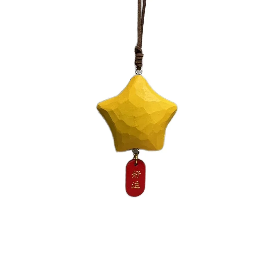 Lucky Star Handmade Car Pendant Cute Wooden Rearview Mirror Engraved Design Interior Accessories Good Luck Carving Gift