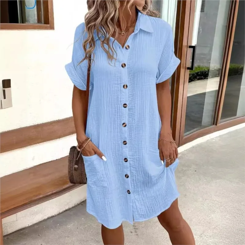 Vintage Women Solid Mini Dress Summer Fashion V-neck Three Quater Sleeve Cotton Linen Dress Ladies Casual Holiday Vestidos