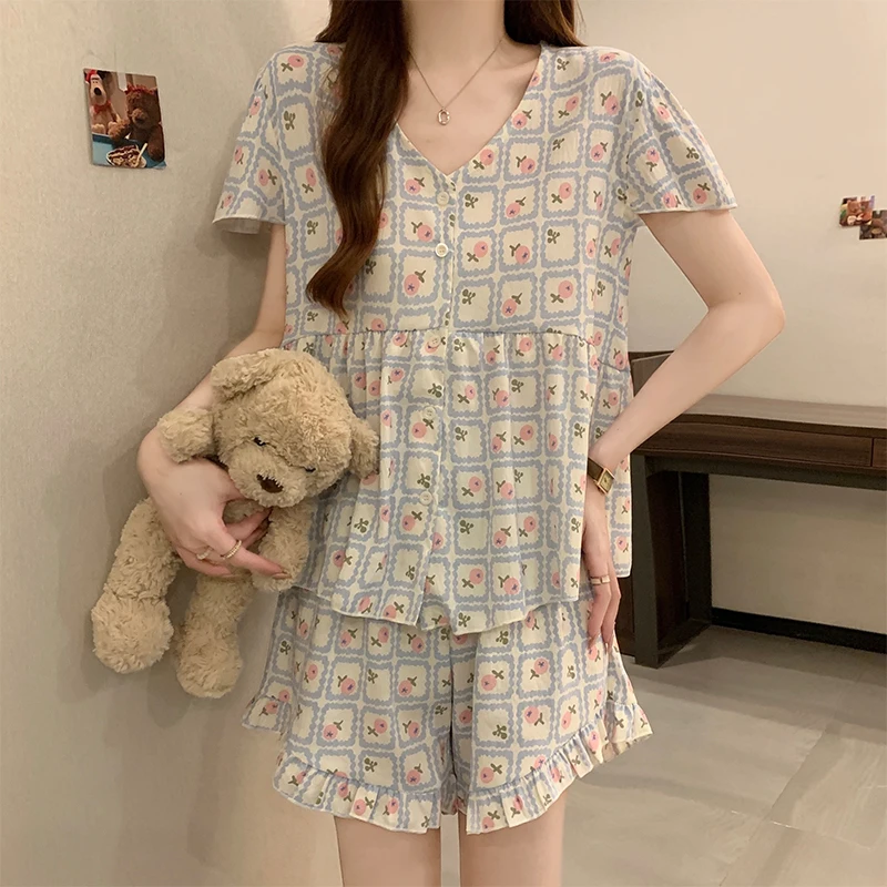 

Pajamas women's summer short-sleeved shorts two-piece set sweet and cute button new cardigan loose homewear set