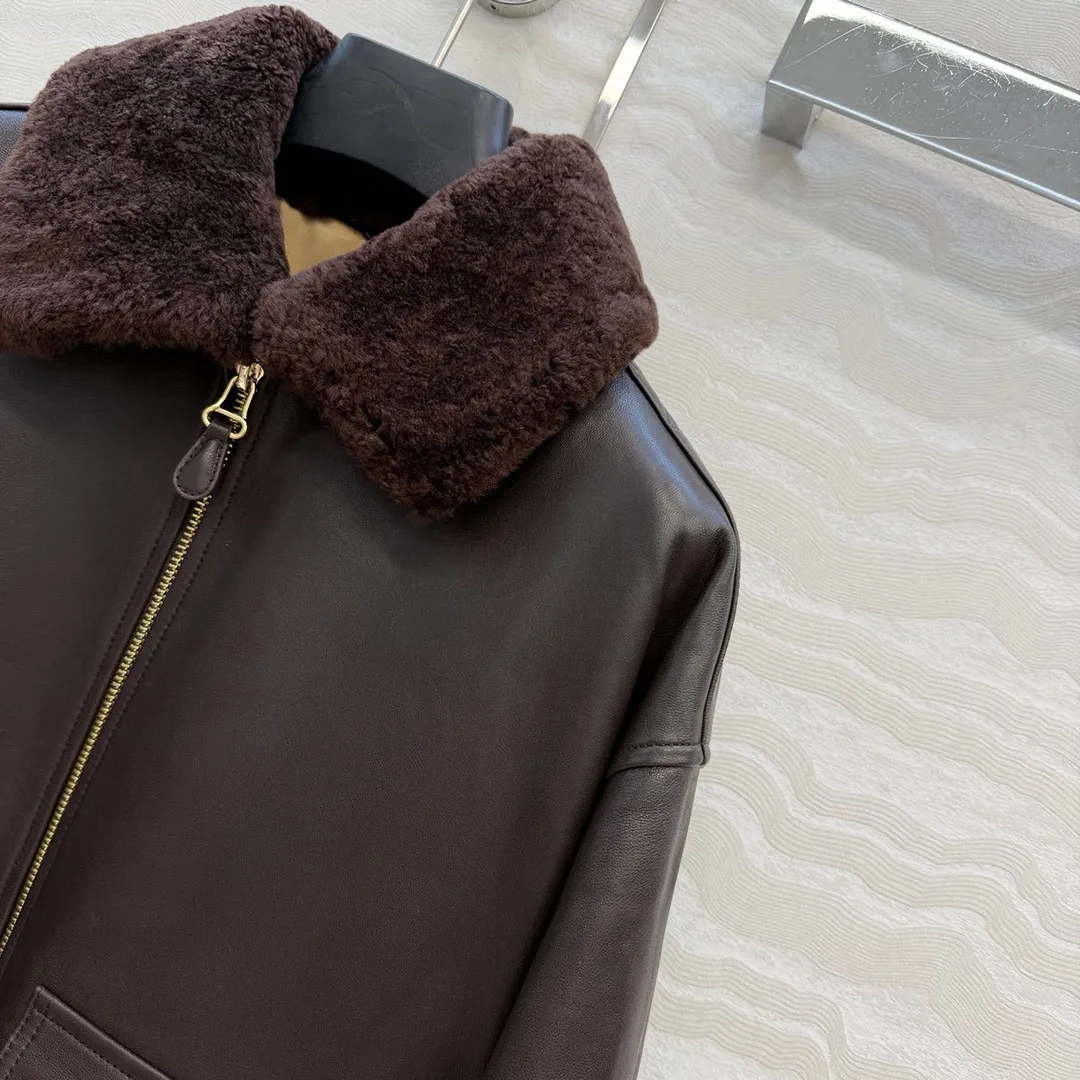 Vintage Brown 100% Sheepskin Leather Cotton Liner Coat Women Patchwork Lamb Lapel Zipper Long Sleeve New Winter Warm Jacket