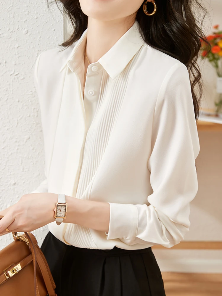 Elegant Office Lady Blouse Women Long Sleeve Lapel Formal White Shirt Blusas Mujer De Moda 2024 Korean Style Female Basic Tops