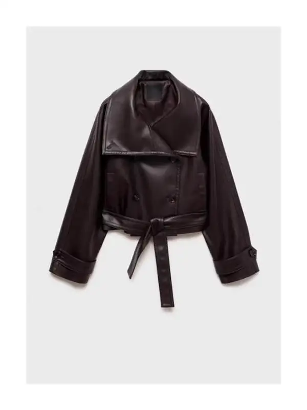 Orth Length Leatherette Jaet مع ياقة واقفة طويلة Sve مزدوجة الصدر إغلاق حزام الخصر الديكور تخفيف Sle You...