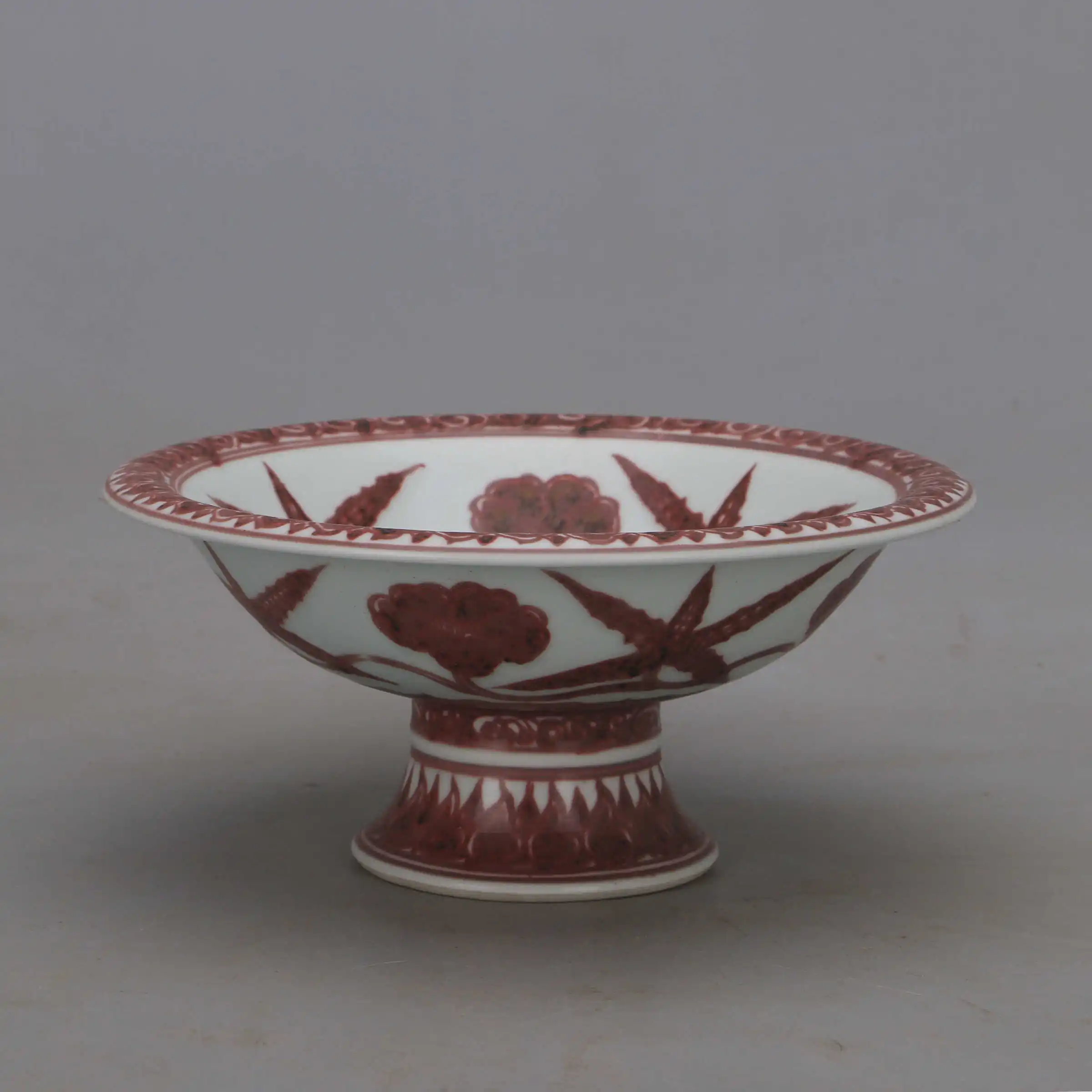 Ming Style Underglaze Red Floral Hand Painted High Foot Plate Porcelain Retro Home Decor Collectible