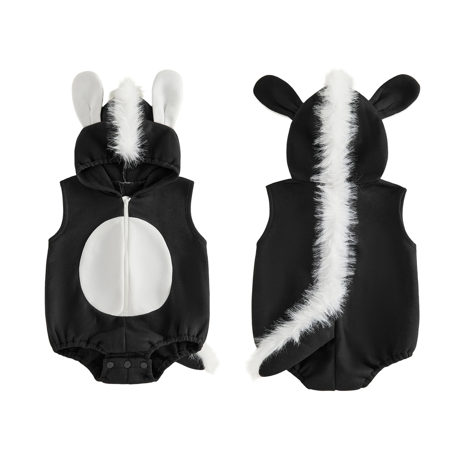 Creative Baby Boys Weasel-Themed Vest Romper Baby Skunk Costume Winter Warm Sleeveless Zip Up Hooded Romper Cute Infant Bodysuit