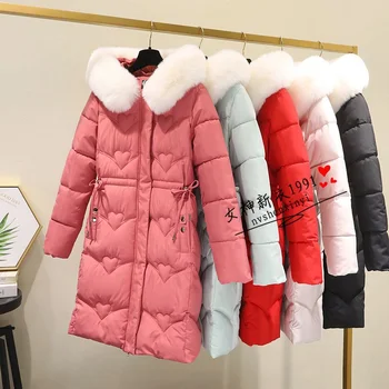Winter Thick Quilted Fur Hooded Down Ctton Jacket With Belt For Women Slim 2023New Women's Jacket White Thick Parka Lace-up