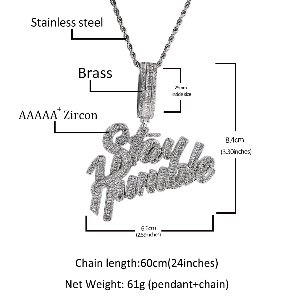 Bubble Letter Stay Humble Pendant Necklace Micro Paved 5A Baguette CZ 12mm Square Chain Rapper Style Bling Hip Hop Men Jewelry