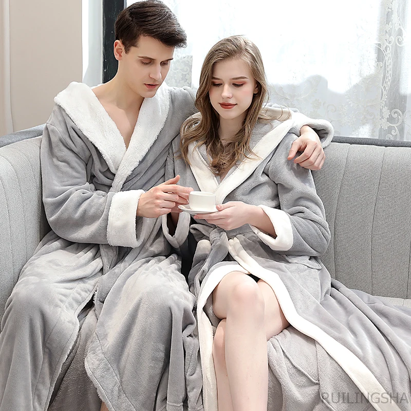 Men Winter Plus Size Extra Long Flannel Bathrobe Warm Luxury fur Coral Fleece Bath Robe Women Dressing Gown Bride Cozy Sleepwear