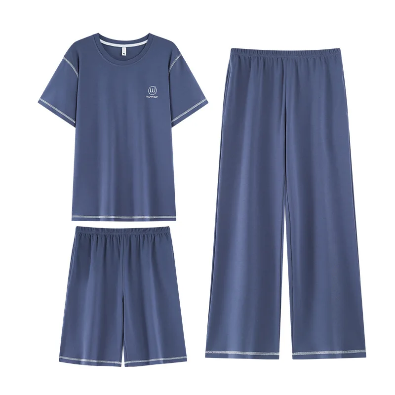 

2026 New Men Pajamas Set 3 Pcs Cotton Short Sleeve Shorts Long Pants Summer Breathable Loose Soft Sleepwear Loungewear Plus Size