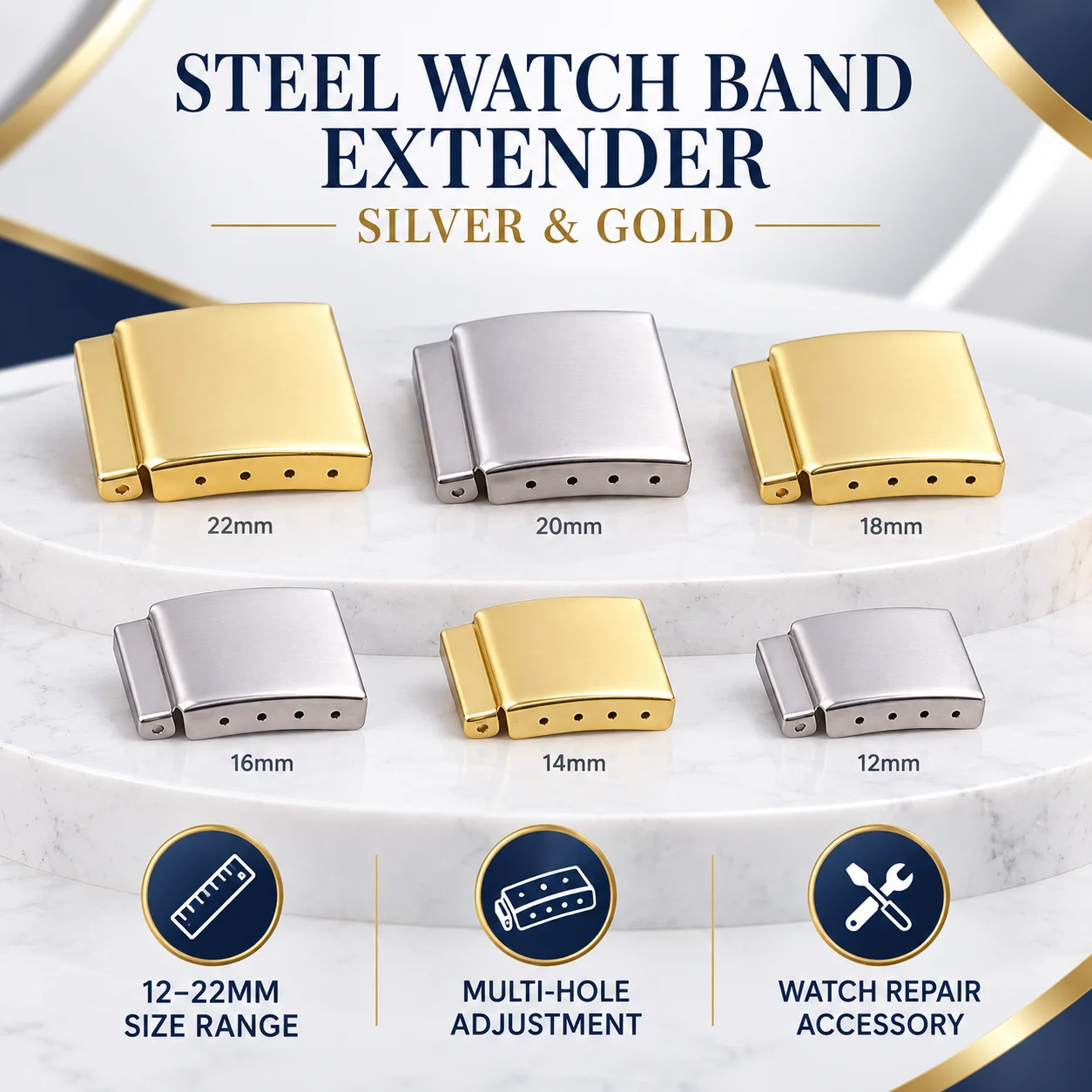 ●1Pc Silvery/Golden 12-22MM Steel Watch Band Bracelet Extender Clasp Extension With Step Strap Accessory For Watch Repair