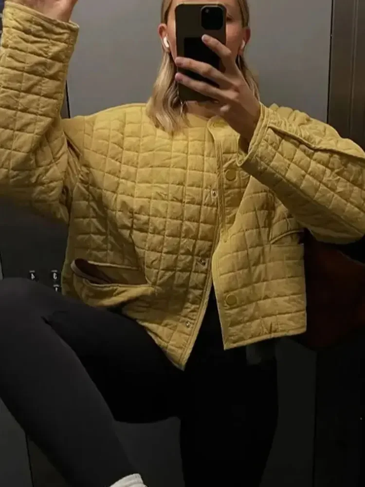 2025Winter Dame Zakken Streetwear Dames Nieuw Bovenkleding Casual Vrouw Gewatteerde Jas Effen O-hals Losse Single Breasted