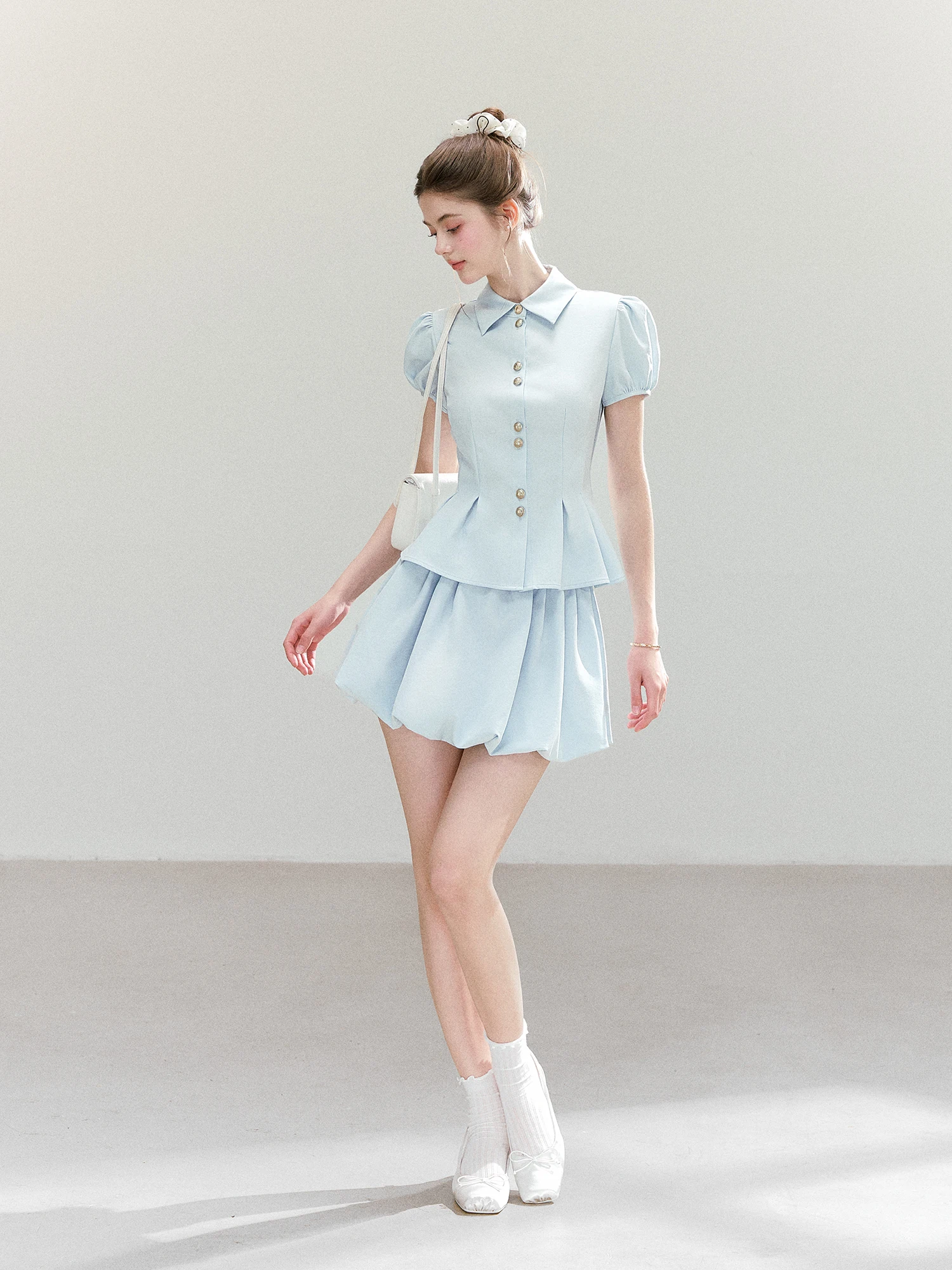 Light Blue Bubble Sleeve Short Set Women's Fashion Slim Fit Shirt And Skirt Two-Piece Summer Outfit Sweet Girl Style QDQD
